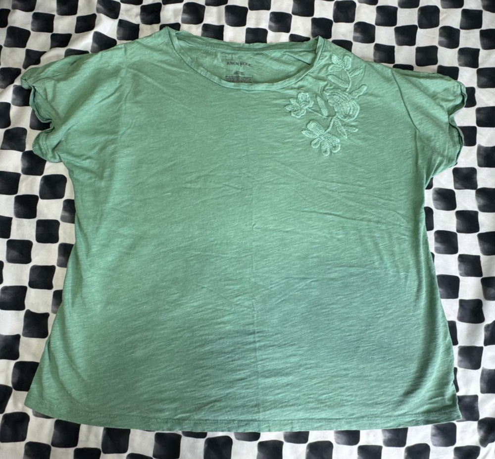 Knox Rose Womens Large Green Embroidered Boho Short Sleeve Top Blouse